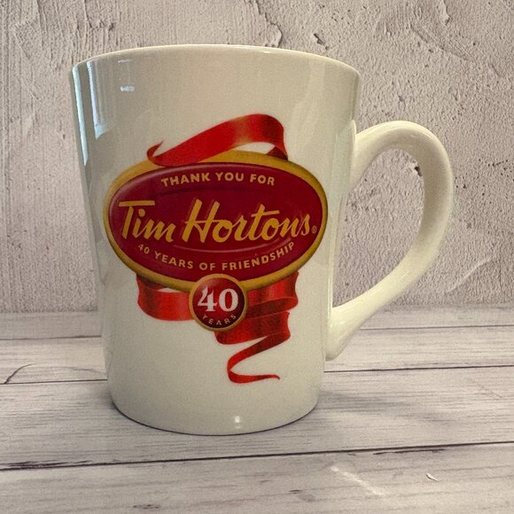 Tim Hortons "40 Years of Friendship" Red Gold White 2004 Coffee Mug (SKU: 198MI) - Picture 1 of 7